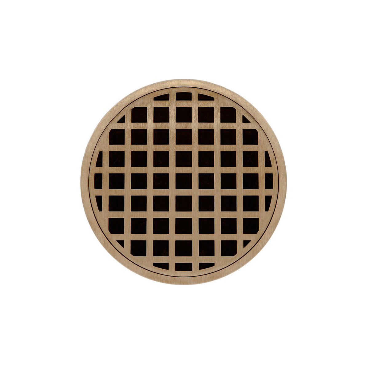 INFINITY DRAIN RQD 5-3I SC RQD 5 5" Round RQD 5 High Flow Complete Kit with Squares Pattern Decorative Plate in Satin Champagne with Cast Iron Drain Body, 3" No-Hub Outlet