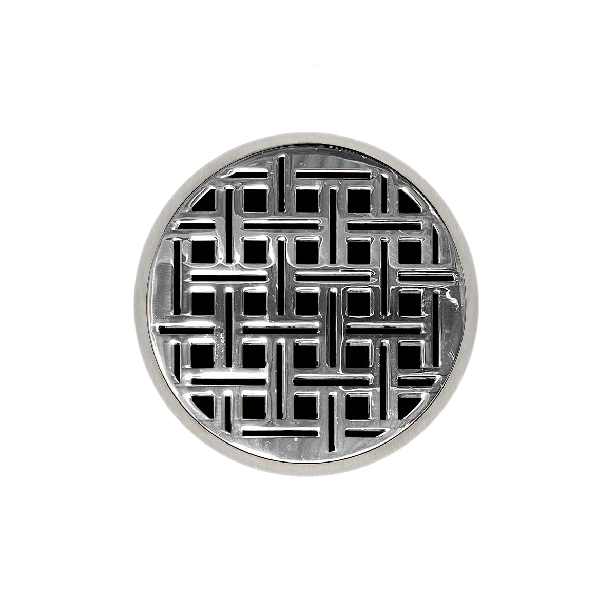 INFINITY DRAIN RVD 5-3I PS RVD 5 5" Round RVD 5 High Flow Complete Kit with Weave Pattern Decorative Plate in Polished Stainless with Cast Iron Drain Body, 3" No-Hub Outlet