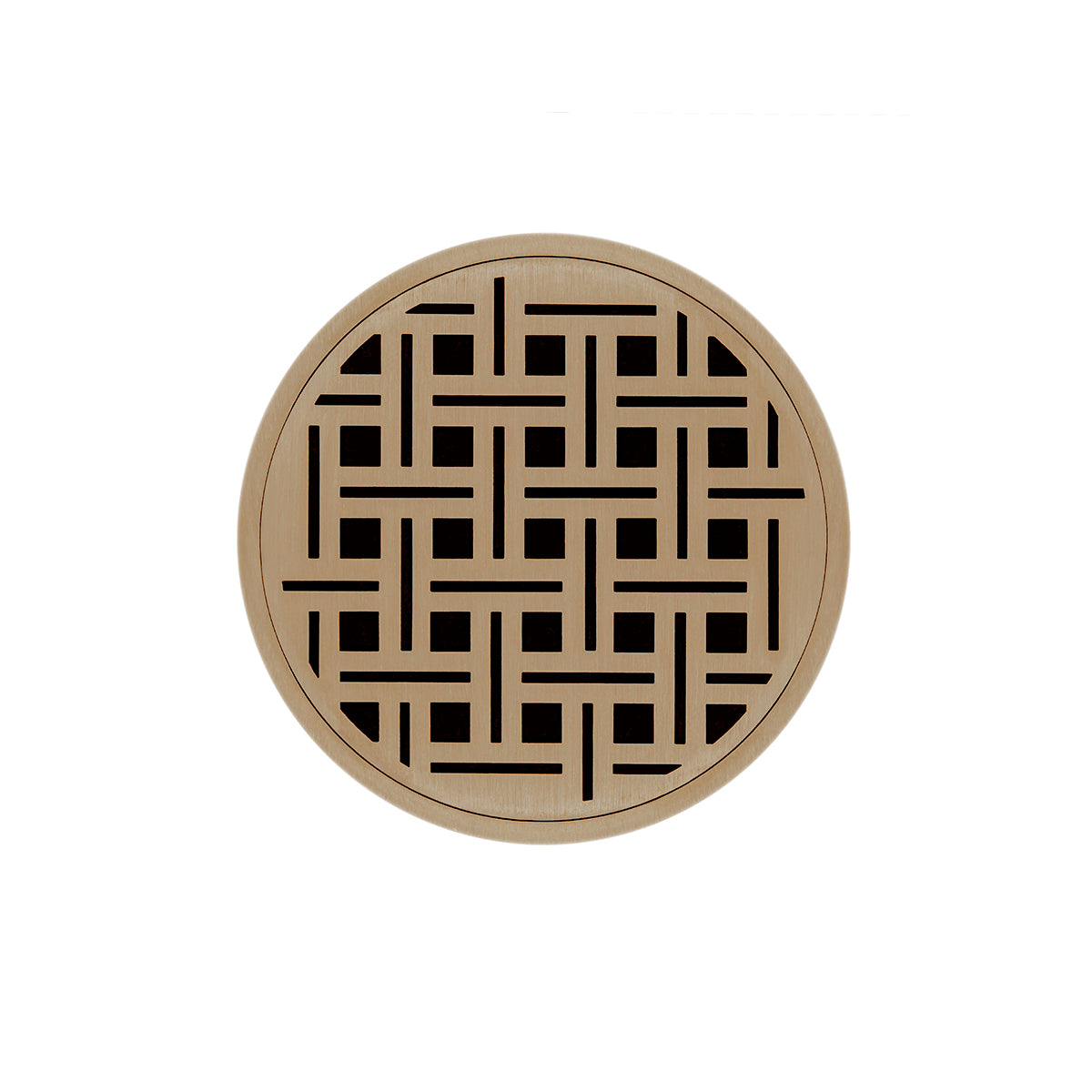 INFINITY DRAIN RVD 5-3I SC RVD 5 5" Round RVD 5 High Flow Complete Kit with Weave Pattern Decorative Plate in Satin Champagne with Cast Iron Drain Body, 3" No-Hub Outlet