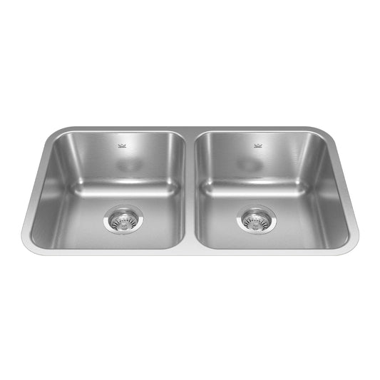 KINDRED ND1831UA-9N Reginox 30.88-in LR x 17.75-in FB x 8.5-in DP Undermount Double Bowl Stainless Steel Kitchen Sink In Linear Brushed Bowls  with Silk Finished Rim