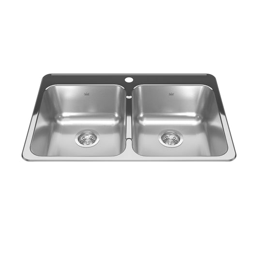 KINDRED RDL2031-1N Reginox 31.25-in LR x 20.5-in FB x 7-in DP Drop In Double Bowl 1-Hole Stainless Steel Kitchen Sink In Linear Brushed Bowls with Mirror Finished Rim