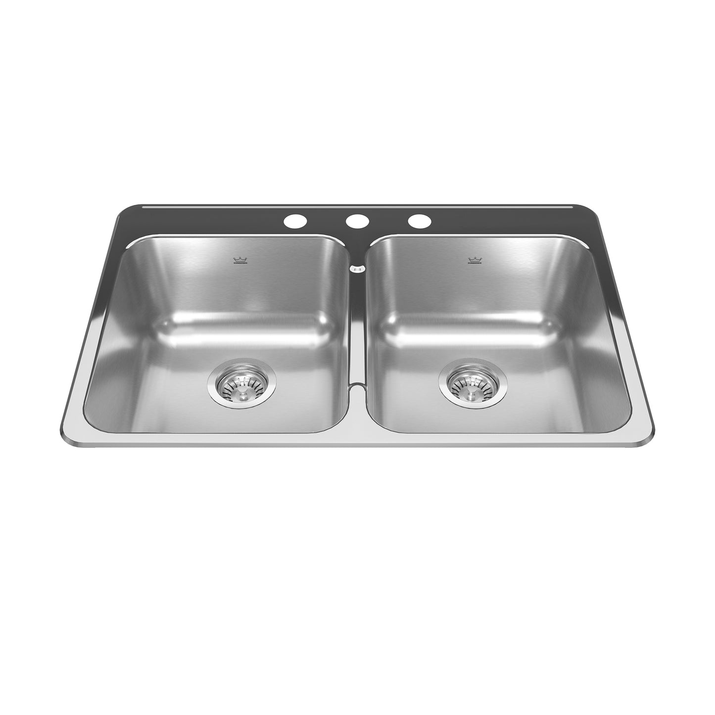 KINDRED RDL2031-3N Reginox 31.25-in LR x 20.5-in FB x 7-in DP Drop In Double Bowl 3-Hole Stainless Steel Kitchen Sink In Linear Brushed Bowls with Mirror Finished Rim