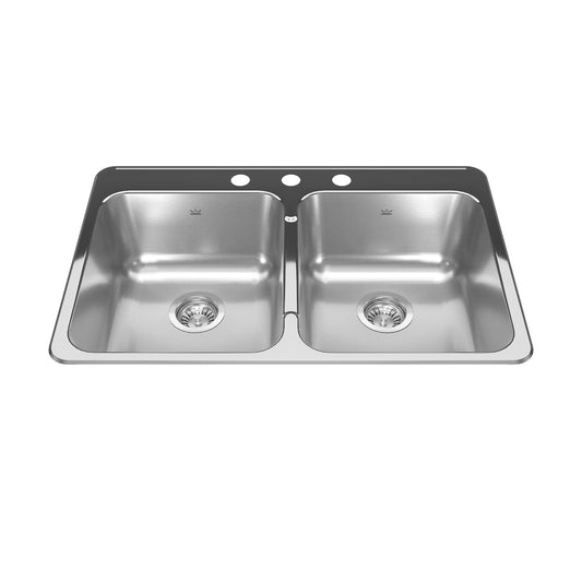 KINDRED RDL2031-3N Reginox 31.25-in LR x 20.5-in FB x 7-in DP Drop In Double Bowl 3-Hole Stainless Steel Kitchen Sink In Linear Brushed Bowls with Mirror Finished Rim