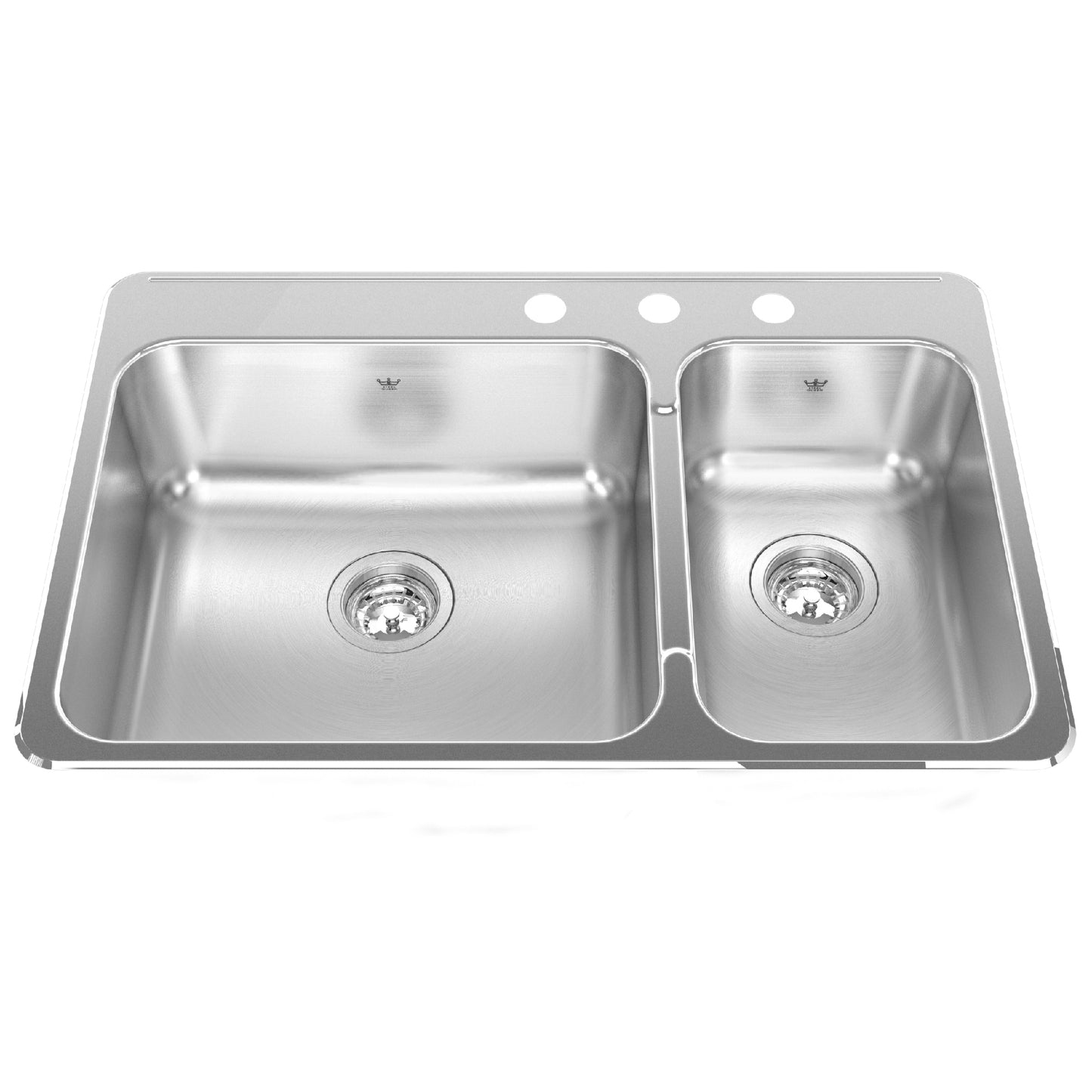 KINDRED QCLA2031R-8-3N Steel Queen 31.25-in LR x 20.5-in FB x 8-in DP Drop In Double Bowl 3-Hole Stainless Steel Kitchen Sink In Satin Finished Bowls with Mirror Finished Rim