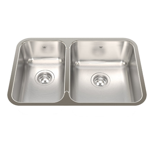 KINDRED QCUA1827L-8N Steel Queen 26.88-in LR x 17.75-in FB x 8-in DP Undermount Double Bowl Stainless Steel Kitchen Sink In Satin Finished Bowls with Silk Finished Rim