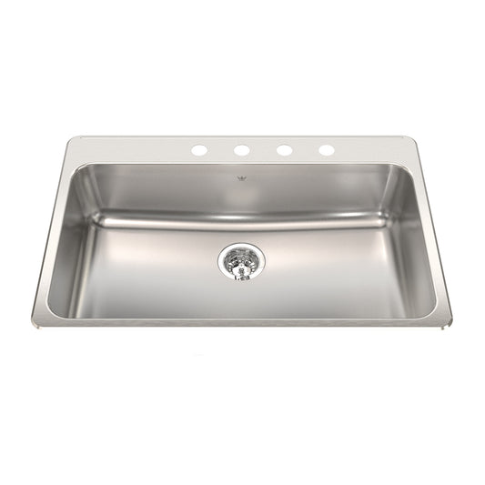 KINDRED QSLA2233-8-4N Steel Queen 33.38-in LR x 22-in FB x 8-in DP Drop In Single Bowl 4-Hole Stainless Steel Kitchen Sink In Satin Finished Bowl with Mirror Finished Rim