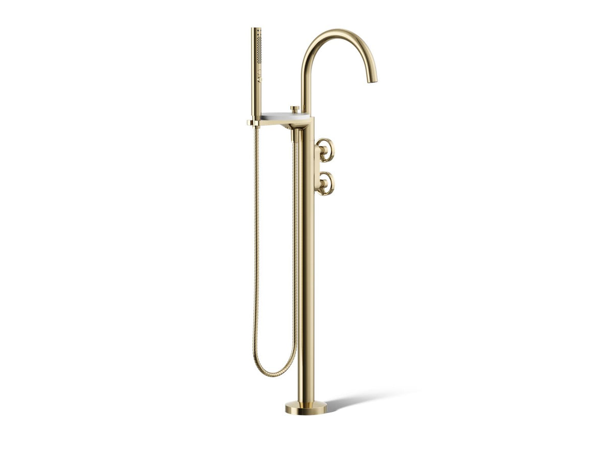 KOHLER K-T77984-9-AF Components Floor-Mount Bath Filler Trim With Industrial Handles And Handshower - Vibrant French Gold