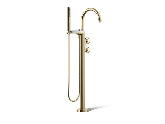 KOHLER K-T77984-9-AF Components Floor-mount bath filler trim with industrial handles and handshower - Vibrant French Gold