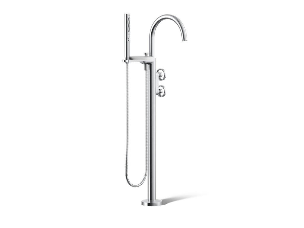 KOHLER K-T77984-9-CP Components Floor-Mount Bath Filler Trim With Industrial Handles And Handshower - Polished Chrome