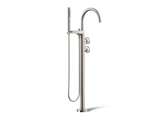 KOHLER K-T77984-9-SN Components Floor-mount bath filler trim with industrial handles and handshower - Vibrant Polished Nickel