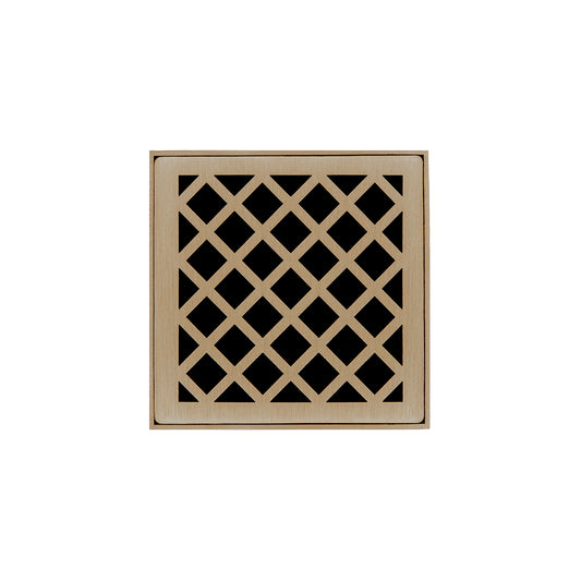 INFINITY DRAIN XD 4-2H SC XD 4 4" x 4" XD 4 Complete Kit with Criss-Cross Pattern Decorative Plate in Satin Champagne with Cast Iron Drain Body for Hot Mop, 2" Outlet