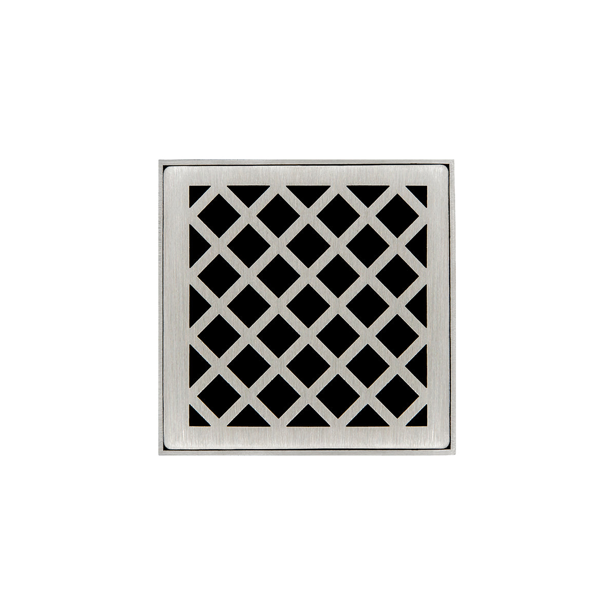 INFINITY DRAIN XD 4-2I SS XD 4 4" x 4" XD 4 Complete Kit with Criss-Cross Pattern Decorative Plate in Satin Stainless with Cast Iron Drain Body, 2" Outlet