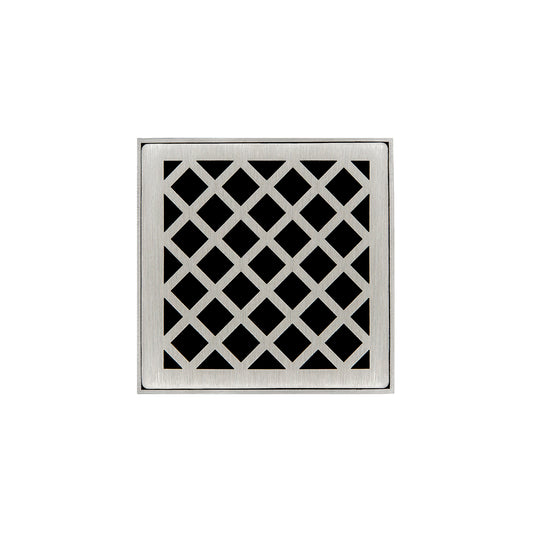 INFINITY DRAIN XDB 4-A SS XD 4 4" x 4" XDB 4 Complete Kit with Criss-Cross Pattern Decorative Plate in Satin Stainless with ABS Bonded Flange Drain Body, 2", 3" and 4" Outlet
