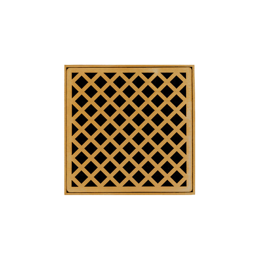 INFINITY DRAIN XDB 5-A PG XD 5 5" x 5" XDB 5 Complete Kit with Criss-Cross Pattern Decorative Plate in Polished Gold with ABS Bonded Flange Drain Body, 2", 3" and 4" Outlet