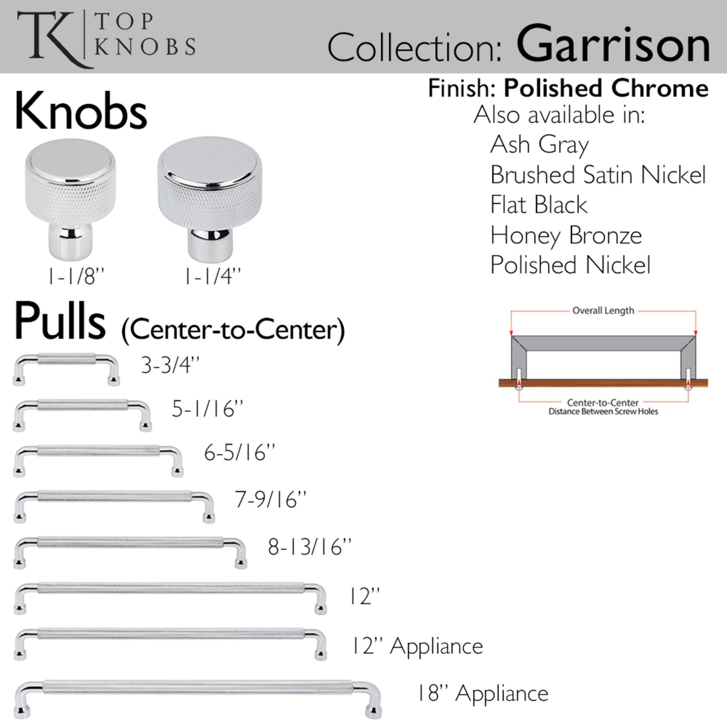 TOP KNOBS TK3260PC Garrison 1 1/8" Length Round Knob - Polished Chrome