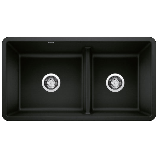 BLANCO 442925 Precis Precis SILGRANIT 33" 60/40 Reversible Double Bowl Undermount Kitchen Sink with Low Divide - Coal Black in Coal Black