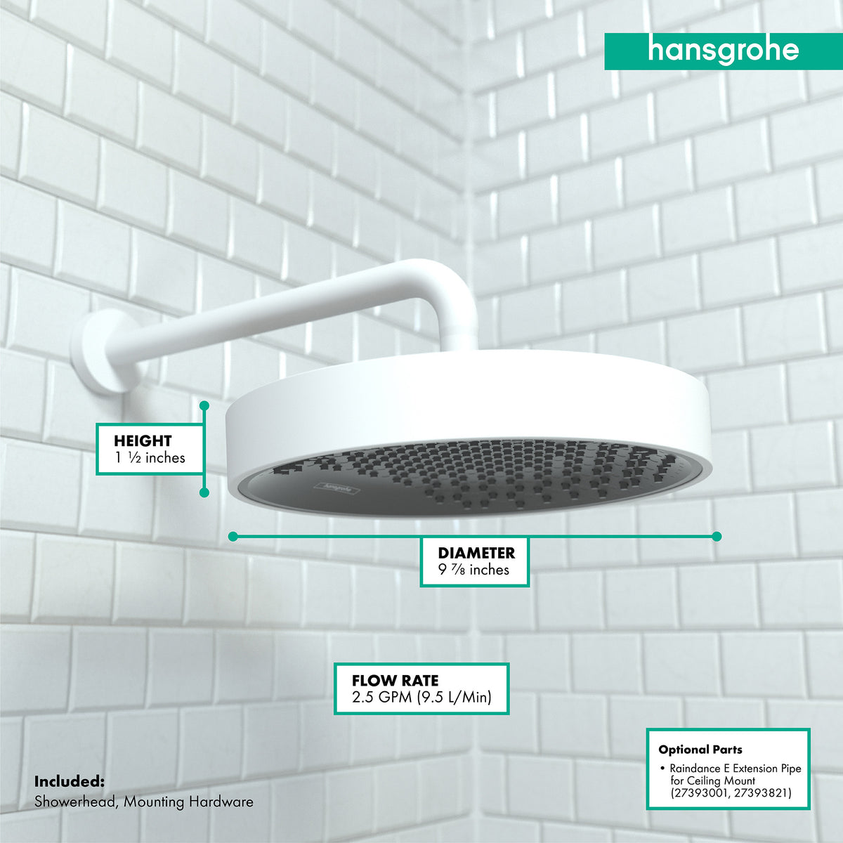 HANSGROHE 26228701 Rainfinity Showerhead 250 1-Jet, 2.5 GPM - Matte White