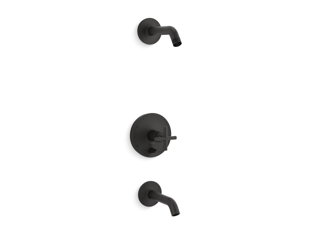 KOHLER K-T14420-3L-BL Purist Rite-Temp Bath And Shower Trim Kit With Push-Button Diverter And Cross Handle, Without Showerhead - Matte Black