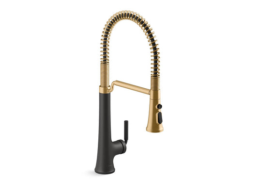 KOHLER K-23765-BMB Tone Semi-Professional Pull-Down Kitchen Sink Faucet With Three-Function Sprayhead In Matte Black with Moderne Brass