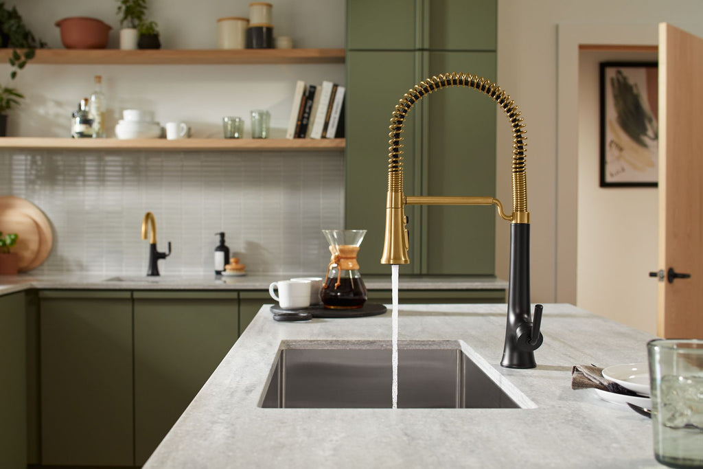 KOHLER K-23765-BMB Tone Semi-Professional Pull-Down Kitchen Sink Faucet With Three-Function Sprayhead - Matte Black With Brushed Moderne Brass