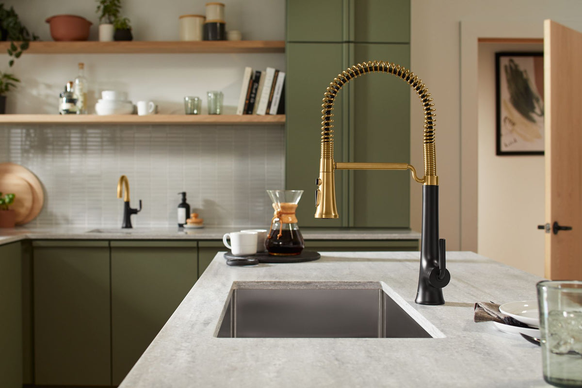 KOHLER K-23765-BMB Tone Semi-Professional Pull-Down Kitchen Sink Faucet With Three-Function Sprayhead - Matte Black With Brushed Moderne Brass