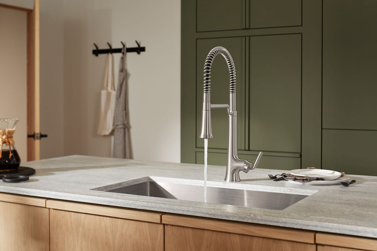 KOHLER K-23765-BMB Tone Semi-Professional Pull-Down Kitchen Sink Faucet With Three-Function Sprayhead - Matte Black With Brushed Moderne Brass