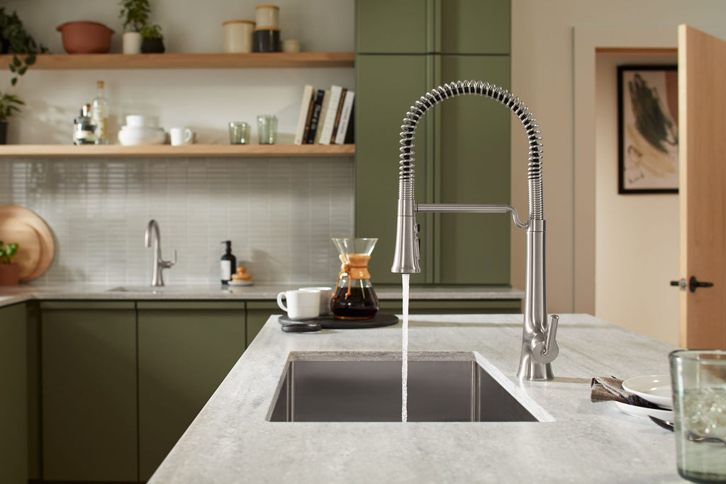 KOHLER K-23765-BMB Tone Semi-Professional Pull-Down Kitchen Sink Faucet With Three-Function Sprayhead - Matte Black With Brushed Moderne Brass