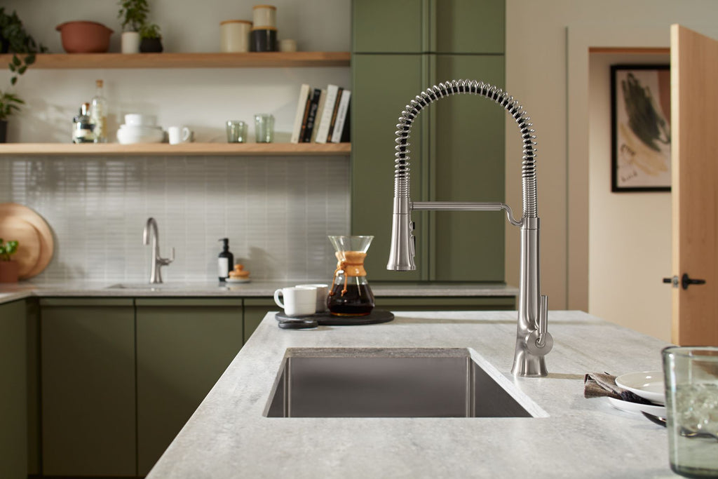 KOHLER K-23765-BMB Tone Semi-Professional Pull-Down Kitchen Sink Faucet With Three-Function Sprayhead - Matte Black With Brushed Moderne Brass
