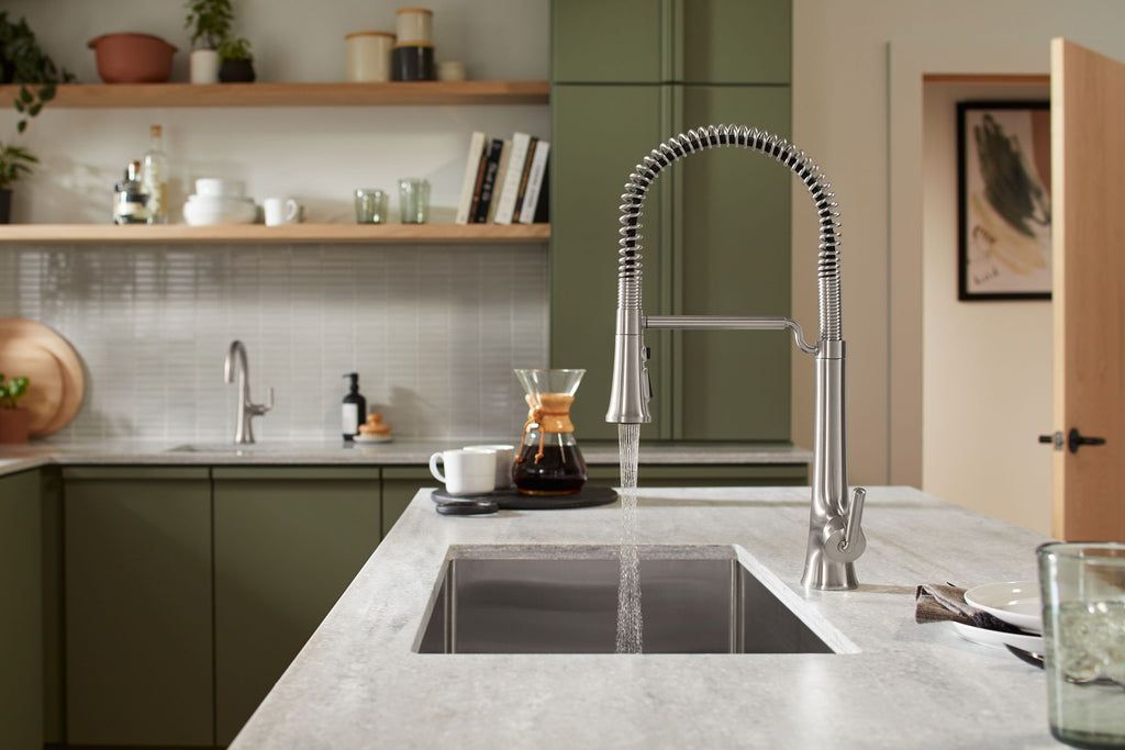 KOHLER K-23765-BMB Tone Semi-Professional Pull-Down Kitchen Sink Faucet With Three-Function Sprayhead - Matte Black With Brushed Moderne Brass