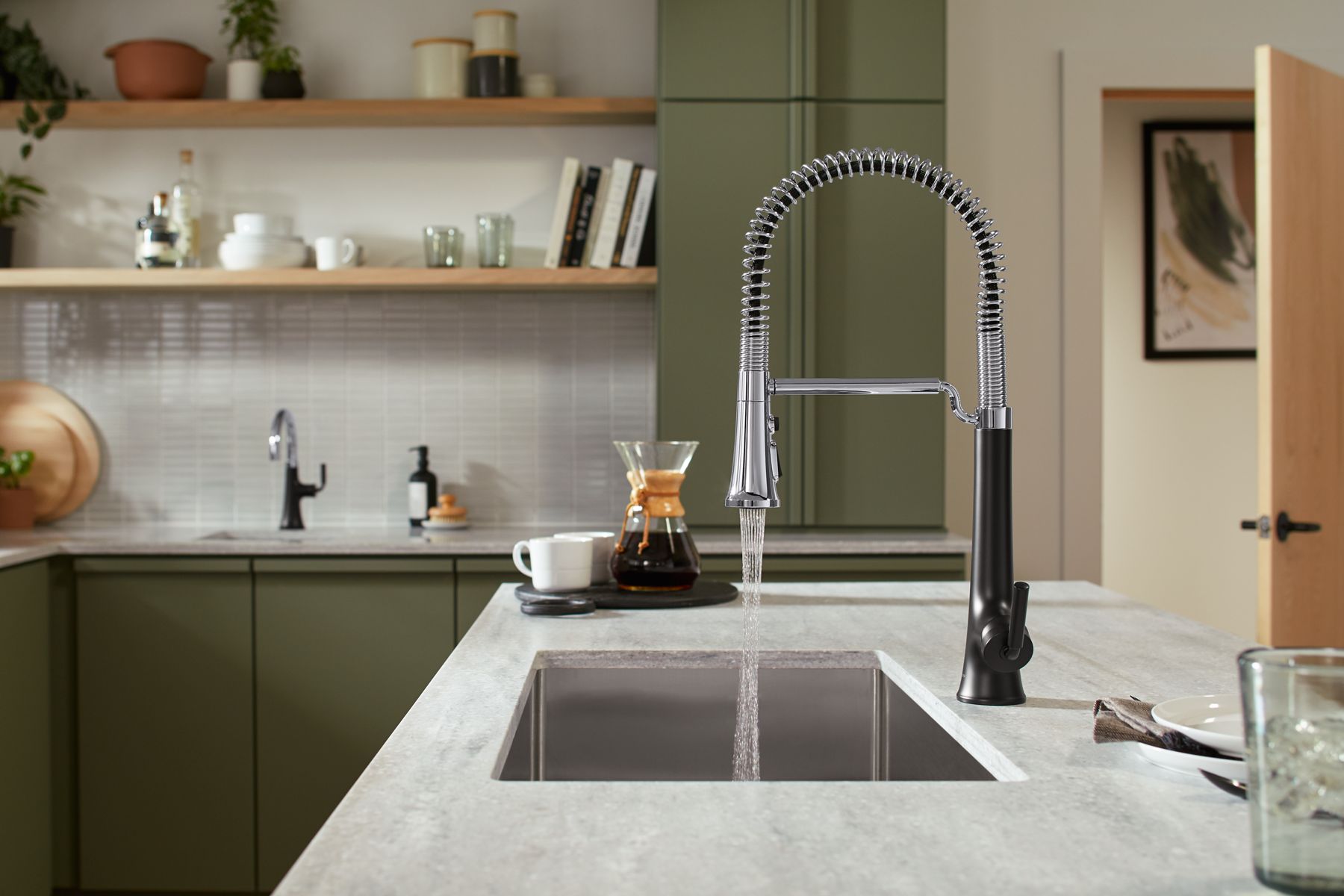 KOHLER K-23765-BMB Tone Semi-Professional Pull-Down Kitchen Sink Faucet With Three-Function Sprayhead - Matte Black With Brushed Moderne Brass