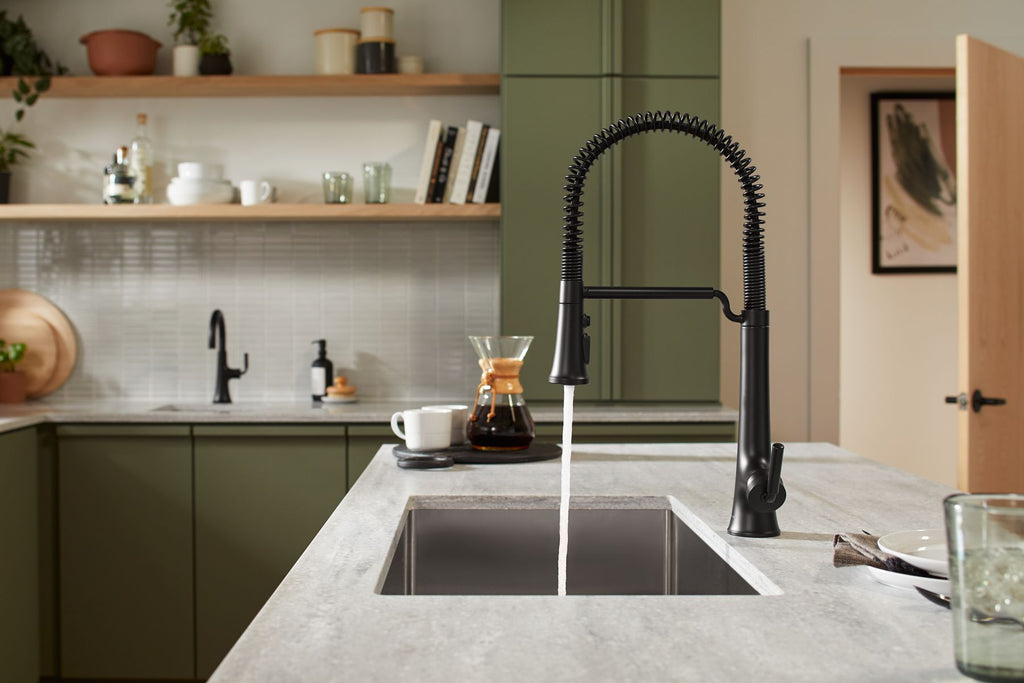 KOHLER K-23765-BMB Tone Semi-Professional Pull-Down Kitchen Sink Faucet With Three-Function Sprayhead - Matte Black With Brushed Moderne Brass