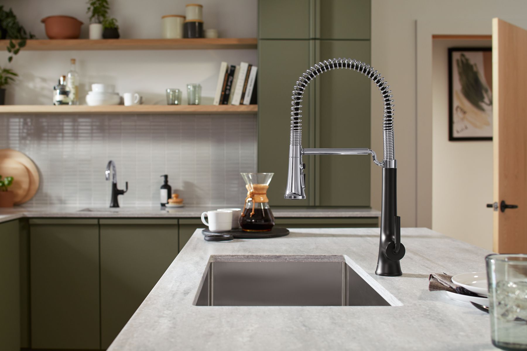 KOHLER K-23765-BMB Tone Semi-Professional Pull-Down Kitchen Sink Faucet With Three-Function Sprayhead - Matte Black With Brushed Moderne Brass