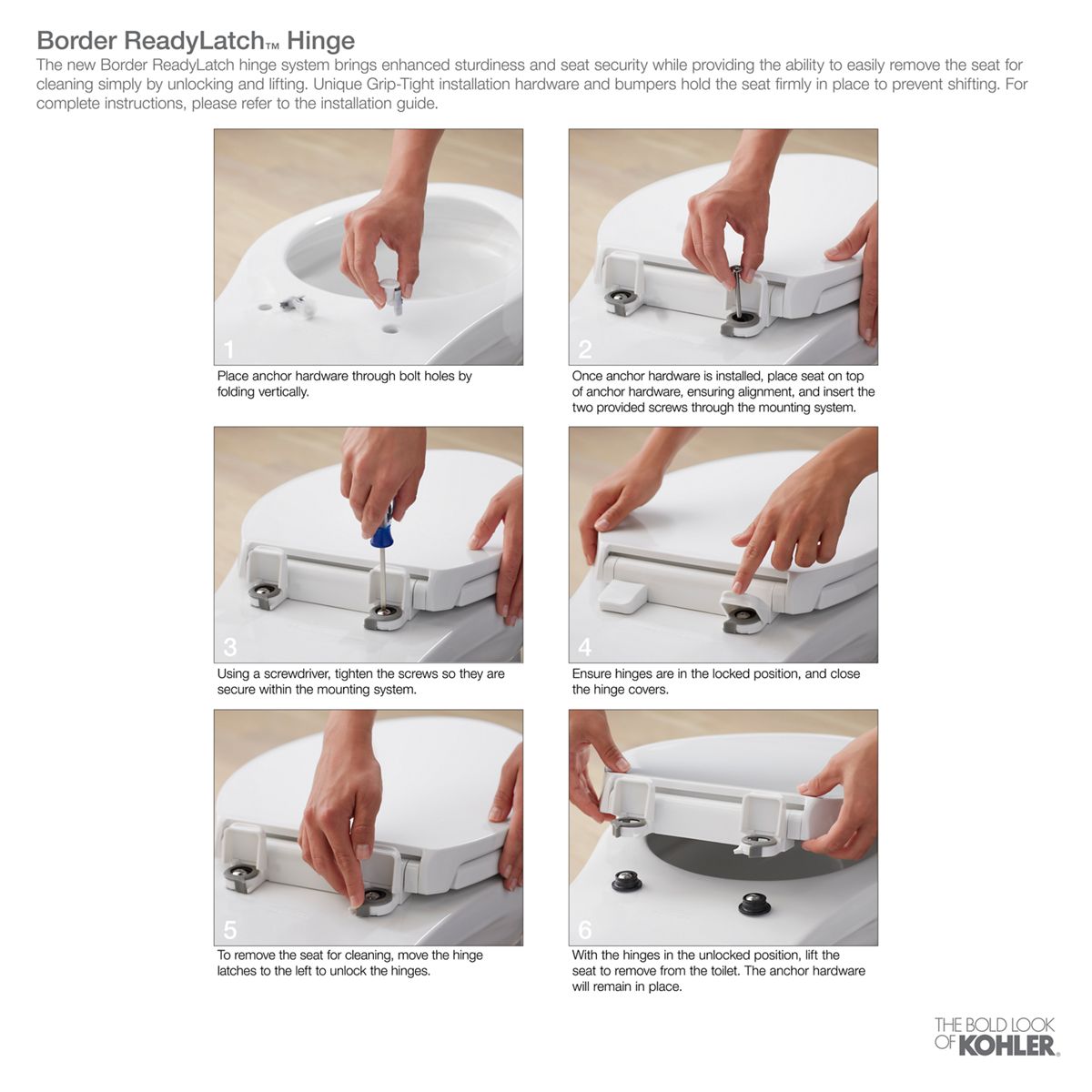 KOHLER K-24495-A-0 Border Readylatch Quiet-Close Elongated Toilet Seat With Antimicrobial Agent - White