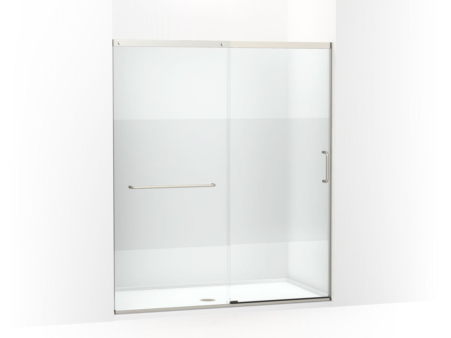 KOHLER K-707616-8G81-MX Elate Sliding Shower Door, 75-1/2" H X 62-1/4 - 65-5/8" W With Heavy 5/16" Thick Crystal Clear Glass With Privacy Band In Matte Nickel