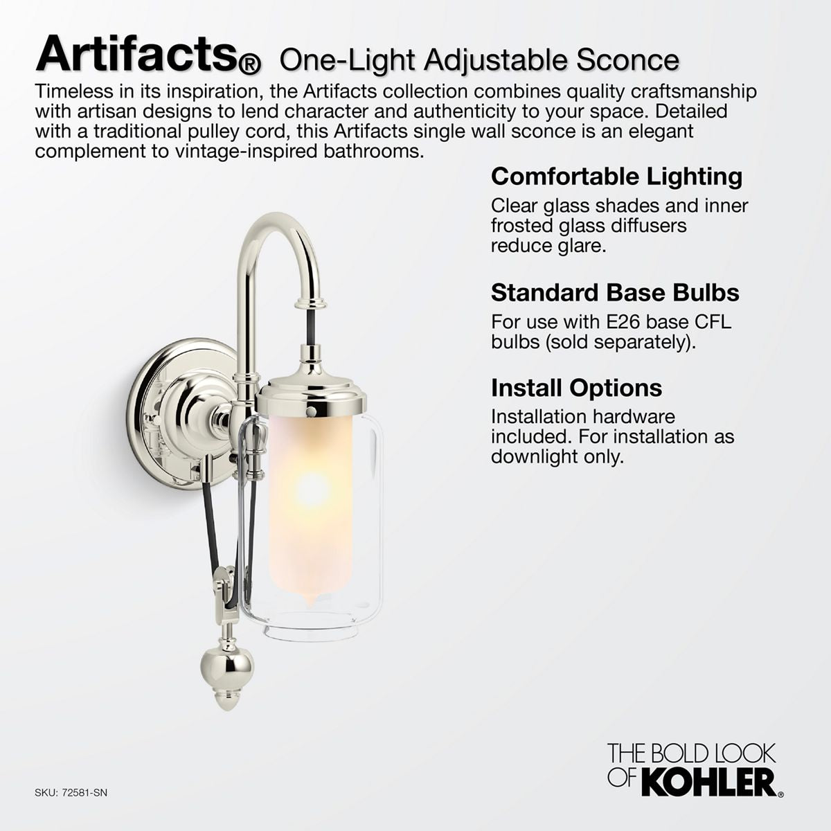 KOHLER K-72581-BLL Artifacts One-Light Adjustable Sconce - Matte Black