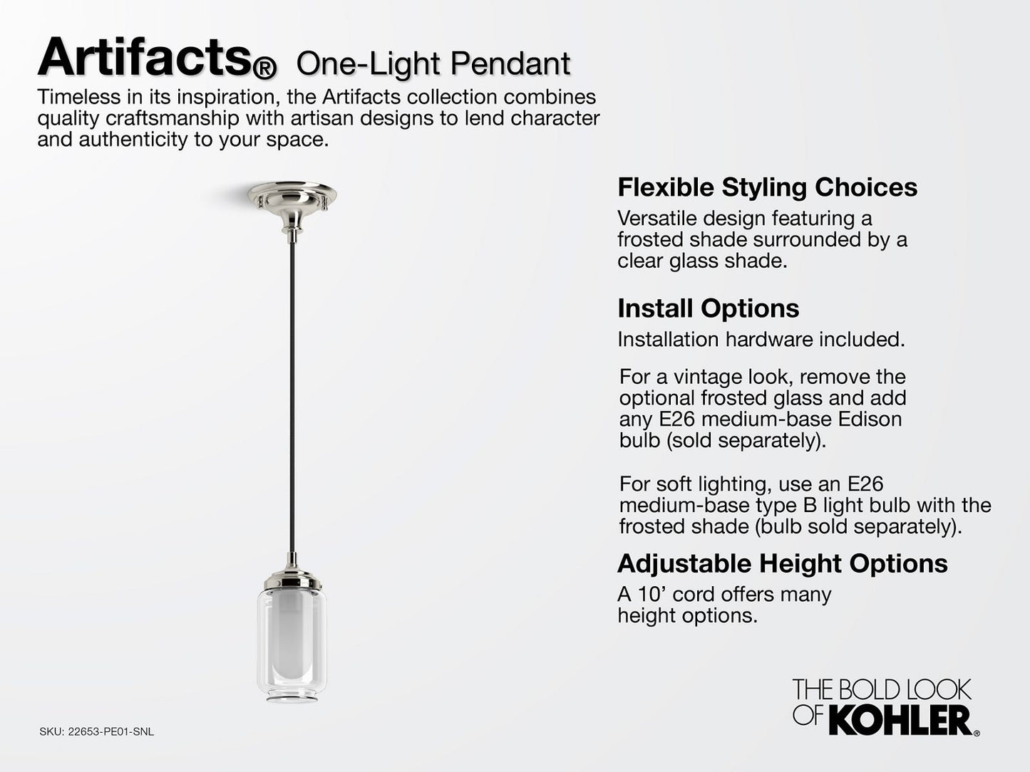 KOHLER K-22653-PE01-SNL Artifacts 4" pendant - Polished Nickel