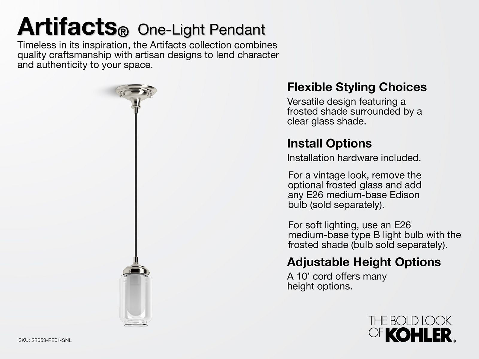 KOHLER K-22653-PE01-2GL Artifacts 4" Pendant - Brushed Moderne Brass