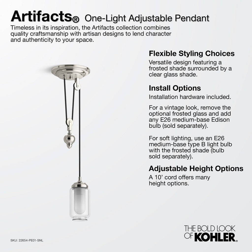 KOHLER K-22654-PE01-CPL Artifacts 4" Adjustable Pendant - Polished Chrome