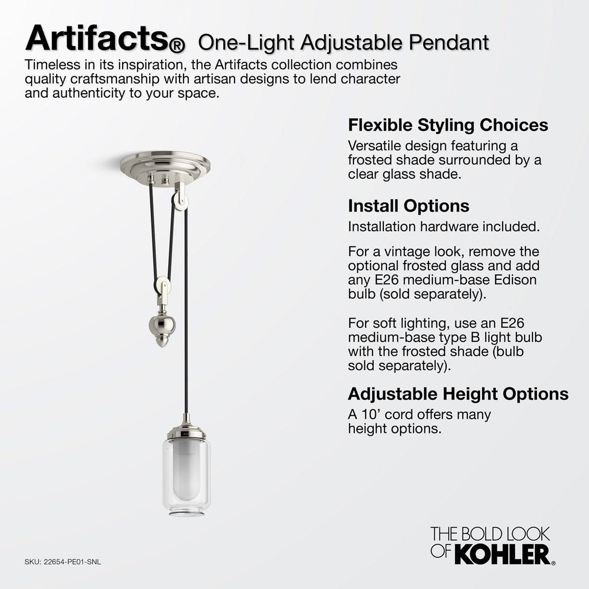 KOHLER K-22654-PE01-CPL Artifacts 4" Adjustable Pendant - Polished Chrome