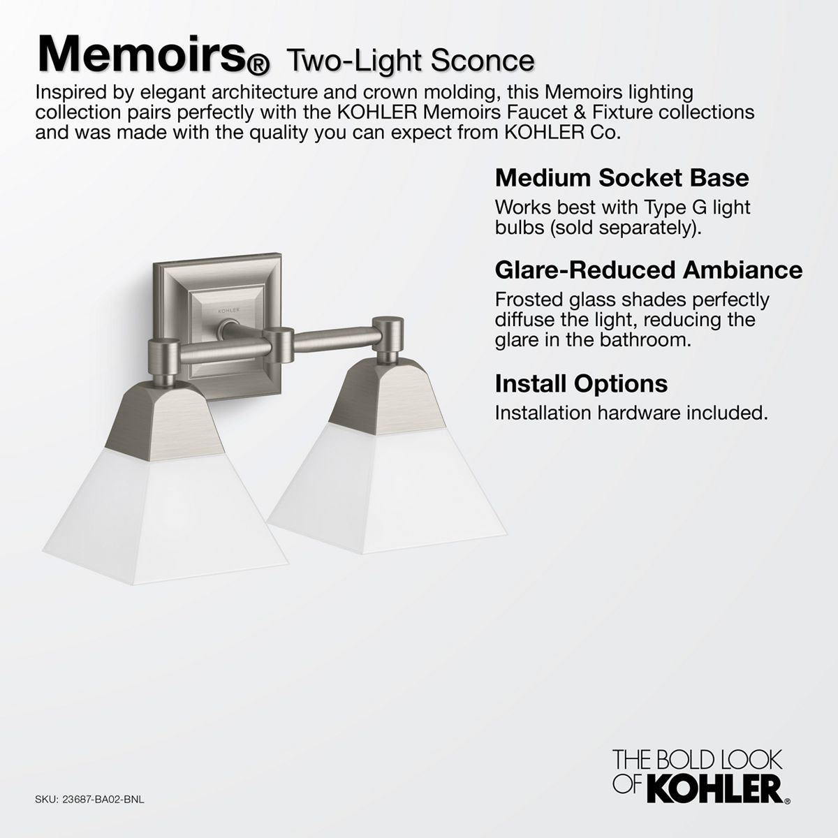 KOHLER K-23687-BA02-CPL Memoirs Two-Light Sconce - Polished Chrome