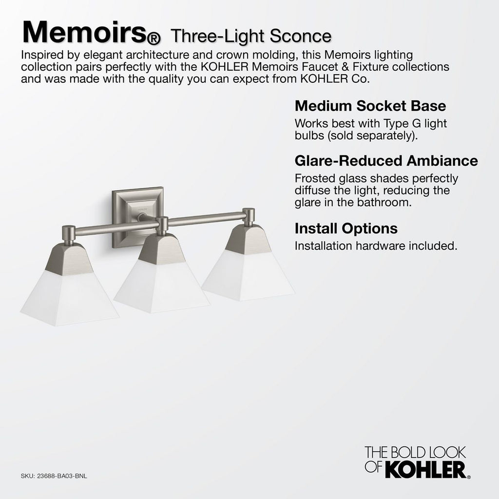 KOHLER K-23688-BA03-BNL Memoirs Three-Light Sconce - Brushed Nickel