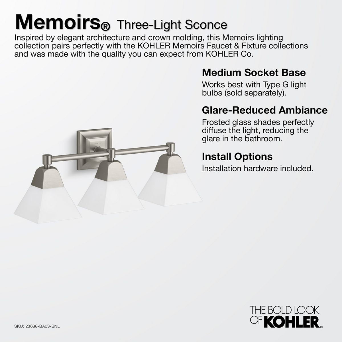 KOHLER K-23688-BA03-BNL Memoirs Three-Light Sconce - Brushed Nickel