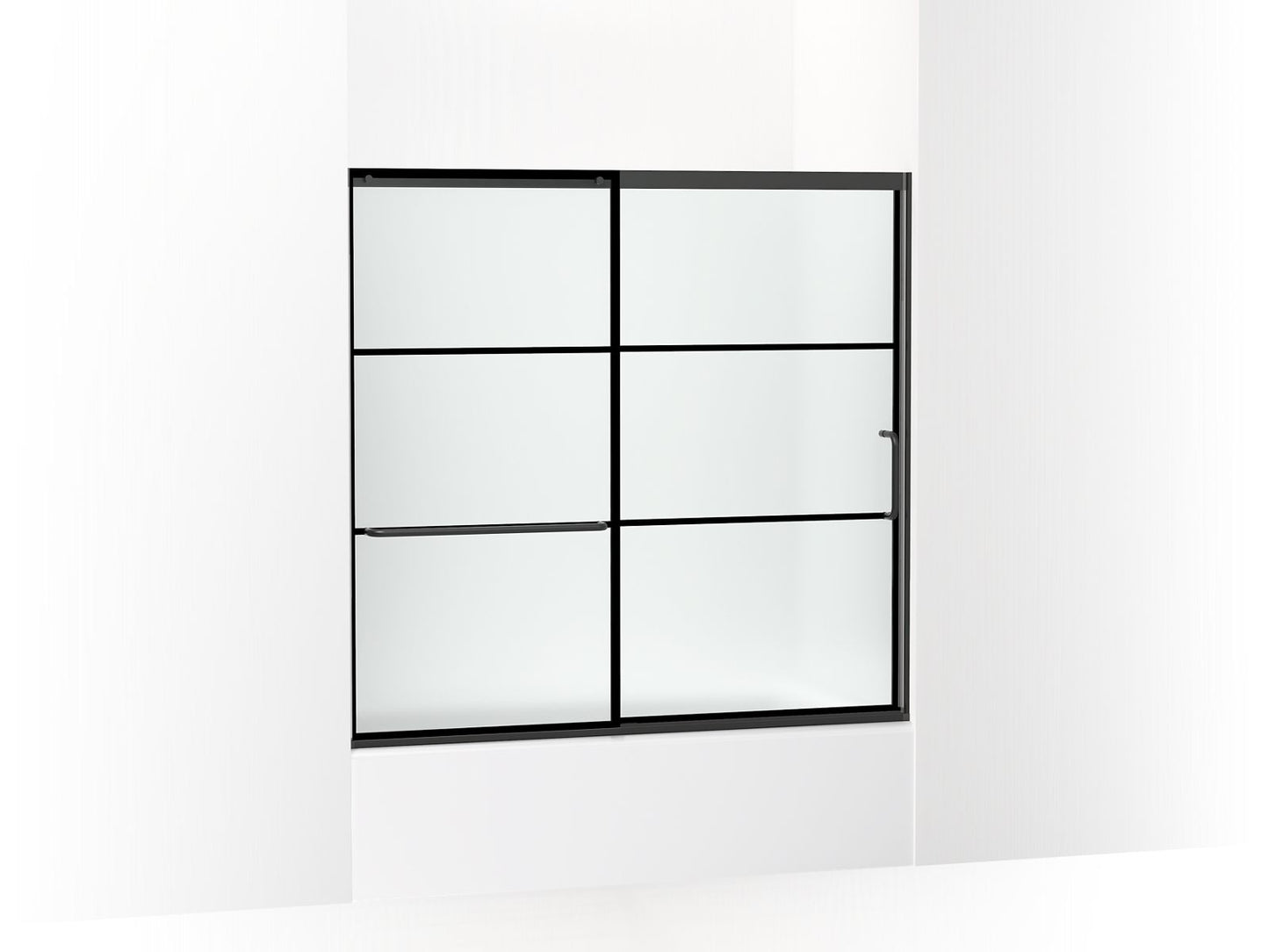 KOHLER K-707618-8G80-BL Elate Sliding Bath Door, 56-3/4" H X 56-1/4 - 59-5/8" W With Heavy 5/16" Thick Frosted Glass With Rectangular Grille Pattern In Matte Black