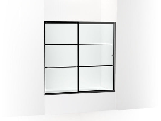 KOHLER K-707618-8G79-BL Elate Sliding Bath Door, 56-3/4" H X 56-1/4 - 59-5/8" W With Heavy 5/16" Thick Crystal Clear Glass With Rectangular Grille Pattern In Matte Black