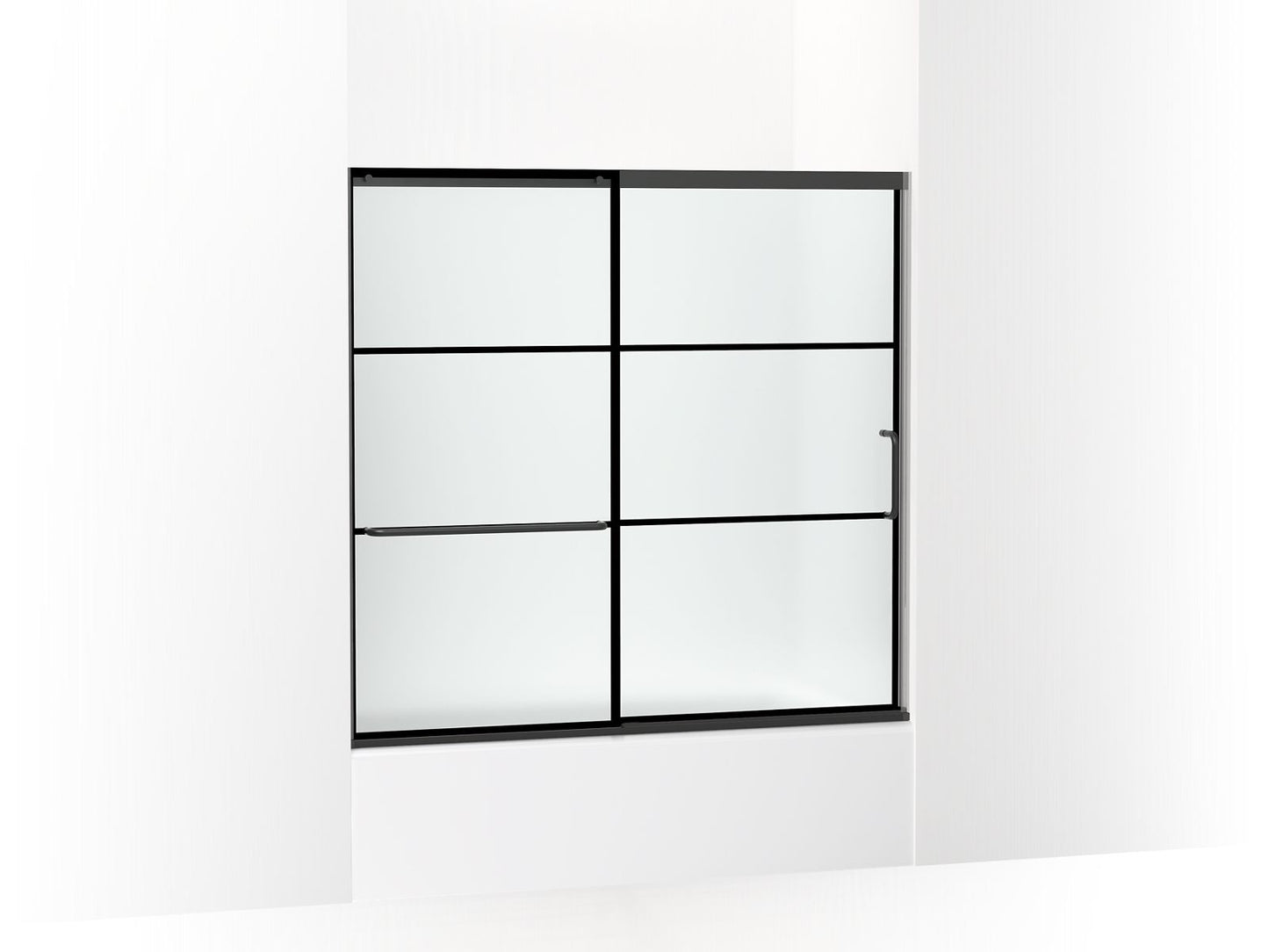 KOHLER K-707609-6G80-BL Elate Sliding Bath Door, 56-3/4" H X 56-1/4 - 59-5/8" W, With 1/4" Thick Frosted Glass With Rectangular Grille Pattern In Matte Black