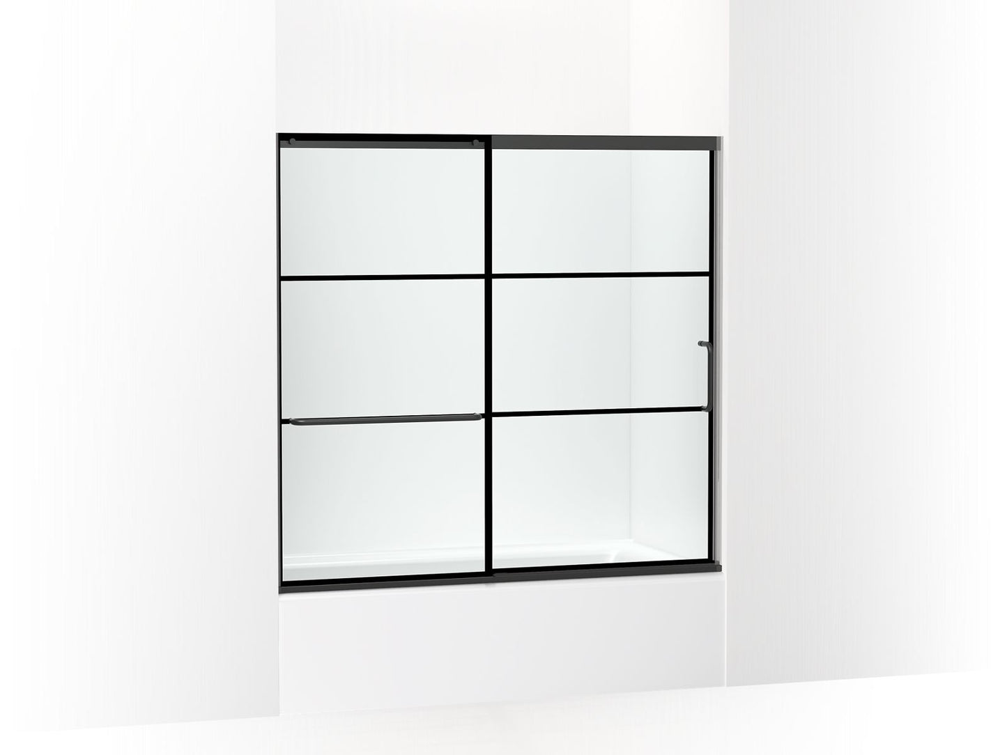 KOHLER K-707609-6G79-BL Elate Sliding Bath Door, 56-3/4" H X 56-1/4 - 59-5/8" W, With 1/4" Thick Crystal Clear Glass With Rectangular Grille Pattern In Matte Black