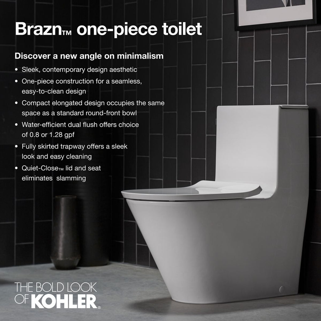 KOHLER K-22378-0 Brazn One-Piece Compact Elongated Toilet With Skirted Trapway, Dual-Flush - White