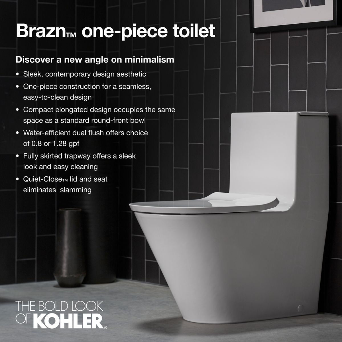 KOHLER K-22378-0 Brazn One-Piece Compact Elongated Toilet With Skirted Trapway, Dual-Flush - White