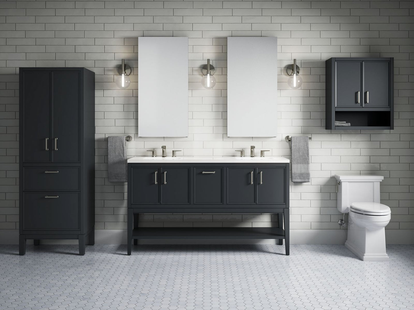 KOHLER K-33581-ASB-1WX Winnow 60" Bathroom Vanity Cabinet With Sinks And Quartz Top In Slate Grey