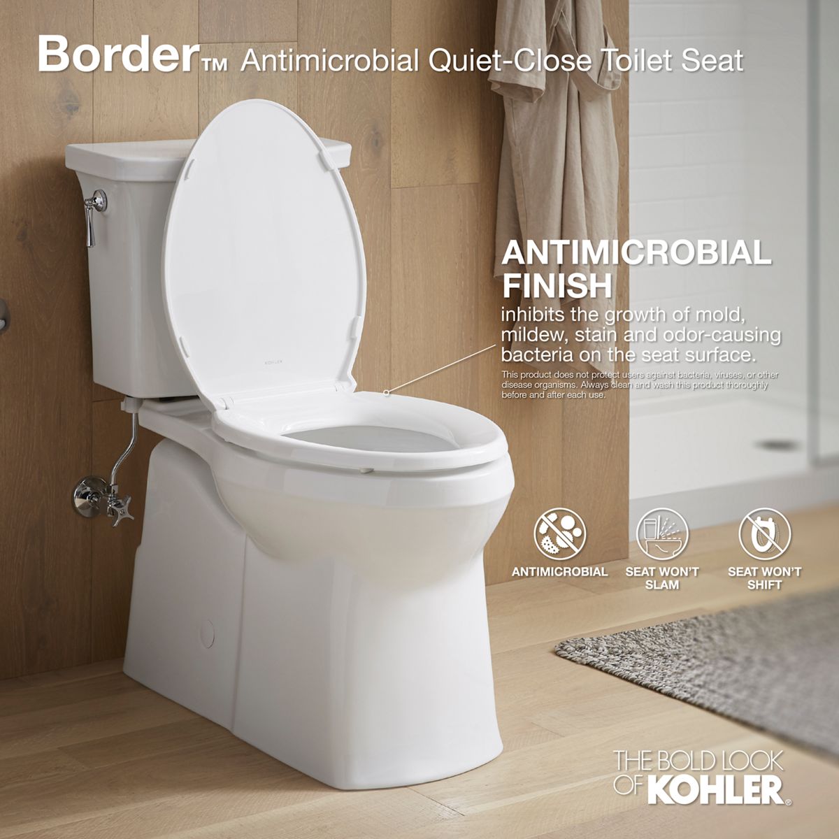 KOHLER K-24495-A-0 Border Readylatch Quiet-Close Elongated Toilet Seat With Antimicrobial Agent - White